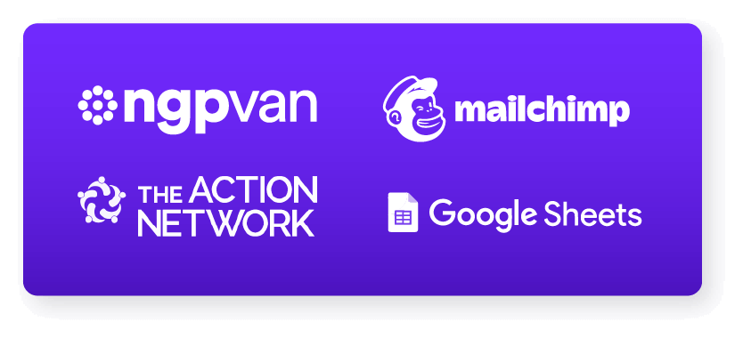 Website builder connects to NGP VAN, Action Network, Mailchimp and Google Sheets