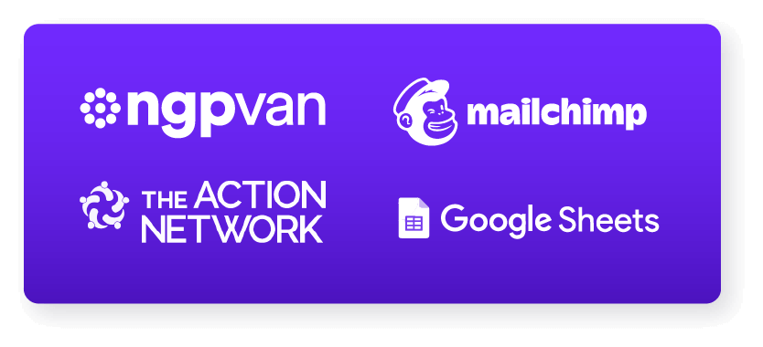 Website builder connects to NGP VAN, Action Network, Mailchimp and Google Sheets